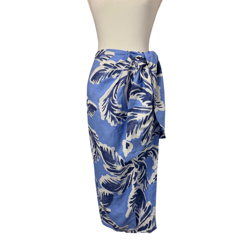 HM Blue White Tropical Leaf Linen Blend Sarong Wrap Midi Skirt Size 2 Resortwear